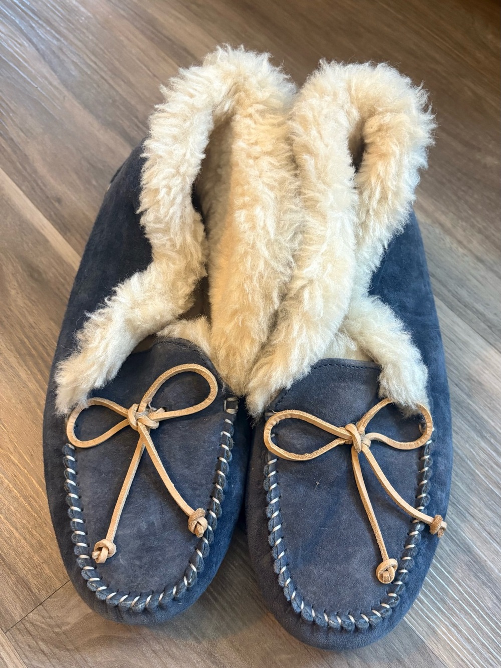 UGG Navy Suede Moccasin Slippers with Cream Faux-Shearling